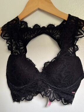 Victoria's Secret PINK Black Lace Push-Up Bralette XS Sexy Cutout Racerback